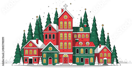 Festive winter village vector with colorful buildings, snowy rooftops, church, and evergreen trees for holiday, seasonal, and lifestyle themes.