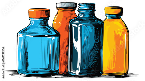Vibrant Blue Bottle with Orange and Yellow Caps Vector Illustration