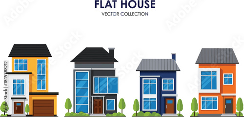 Flat house vector collection with modern architecture, colorful facades, and trees for real estate, design, and lifestyle themes.