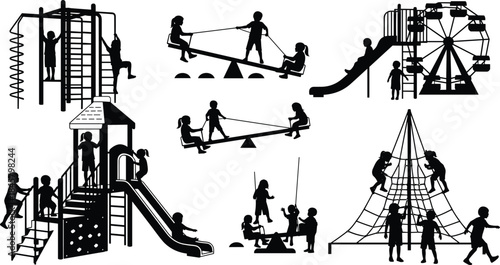 Playground silhouette vector set with children on swings, slides, seesaws, and climbing frames for outdoor, lifestyle, and education themes.