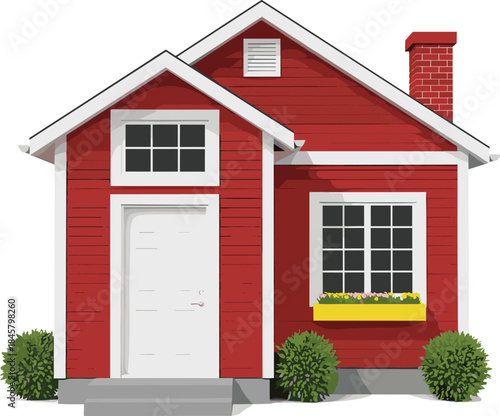 Red house vector with white trim, flower box, and chimney for architecture, real estate, and lifestyle design themes.