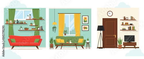 Stylized living room interior vector set with sofas, decor, and furniture for home, lifestyle, and design themes.