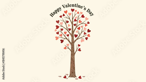 Valentine's day tree with red pink hearts on branches and happy valentine's day text on cream background