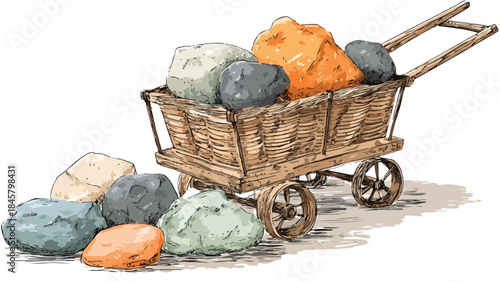 Cart with Rocks and Basket Drawing Vector