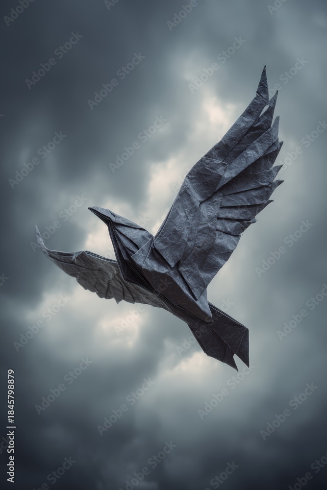 Obraz premium Origami Raven Soars Through Stormy Skies in Dramatic Gothic Scene