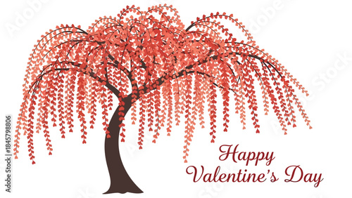 Beautiful pink weeping tree with flowers on white background, happy valentine's day card