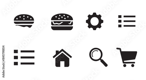 Restaurant menu icons with burgers list and home symbol graphics
