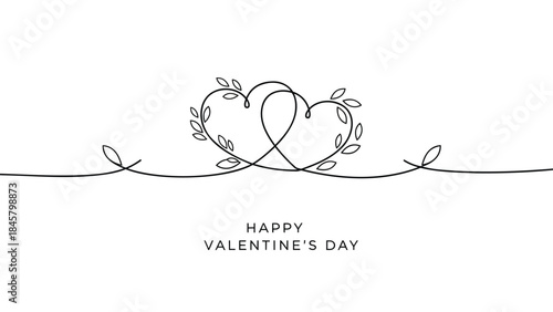 Intertwined hearts with leaves on valentine's day greeting card with happy valentine's day text