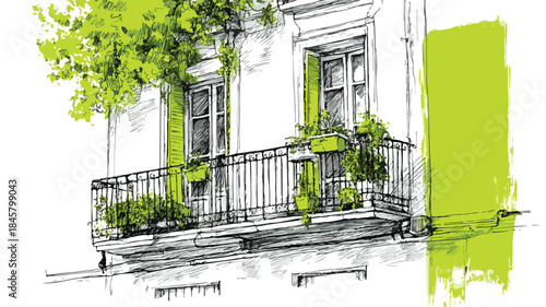 Modern Green Building with Balcony and Panoramic View Drawing