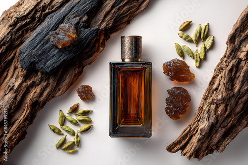Oud perfume bottle with labdanum resin, cardamom pods and agarwood pieces on neutral background, oriental luxury fragrance concept