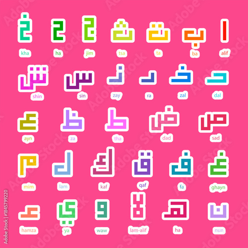 Colorful Arabic alphabet sticker set in kufic style on pink background. Hand drawn cartoon Arabic letters with bold outlines and vibrant colors. Decorative and educational vector illustration.