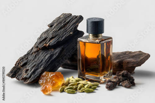 Luxury oud perfume bottle with agarwood, labdanum resin and cardamom on light background, oriental spicy scent composition