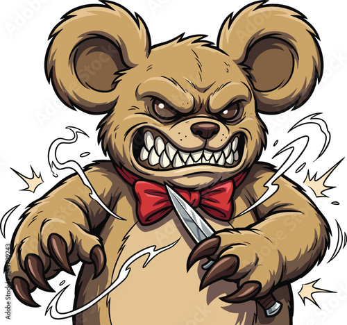 Aggressive cartoon bear with knife, red bow tie, fierce expression, dynamic motion lines, humorous threat, flat vector illustration