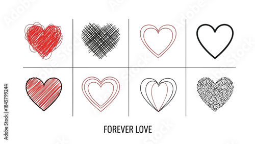 Collection of eight hand drawn hearts in various styles and colors on white background for love and valentine's day designs