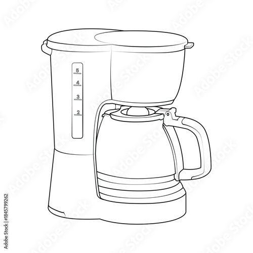 Electric drip coffee maker vector illustration. Line art icon of kitchen coffee machine with glass carafe isolated on white background.