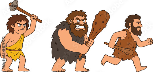 Cartoon cavemen with clubs, primitive clothing, fierce expressions, prehistoric humans, humorous action poses, stone age theme, flat vector illustration