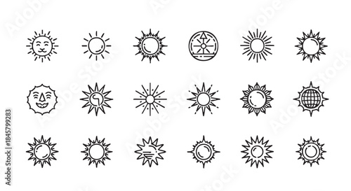 Various Sun Icons in Black and White Line Art Illustration