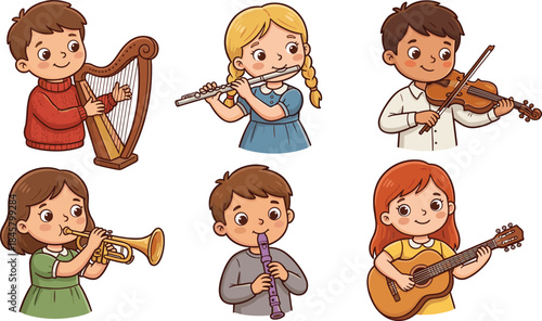 Cartoon children playing musical instruments, diverse group, joyful expressions, music education theme, colorful layout, flat vector illustration