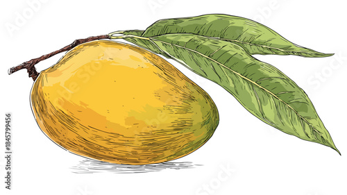 Vibrant Vector Drawing of Mango with Green Leaf - Detailed Illustration