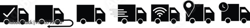delivery truck icon animation sequence with checkmark progress indicator for shipping and logistics tracking interface isolated on white background.