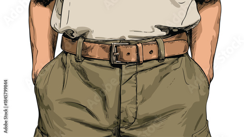 Professional Drawing of Person in Khaki Pants and Belt Vector Illustration