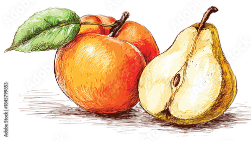 Detailed Vector Drawing of Peach and Half Pear with Outline