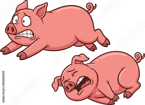 Cartoon pigs in expressive poses, frightened and distressed emotions, dynamic motion, humorous animal theme, flat vector illustration