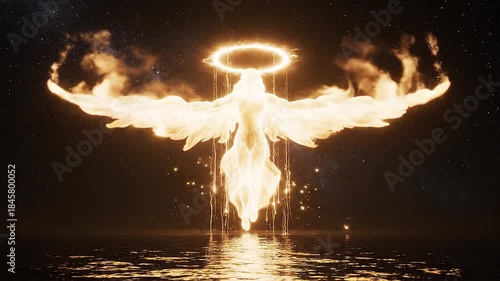 Wallpaper Mural Golden Ethereal Spirit with Nebulous Wings Floating Above Dark Ocean in Epic Sacred Atmosphere Torontodigital.ca