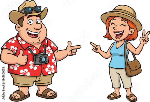 Cartoon tourists in summer outfits, cheerful expressions, peace and thumbs-up gestures, travel theme, flat vector illustration