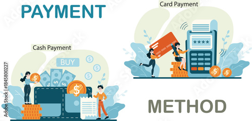 Payment Method Flat Illustrations, Cash and Card Transaction Scenes for Fintech Websites, E commerce UI and Financial Presentations