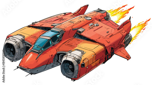 Vibrant Red and Orange Spaceship with Flames - Sci-fi Illustration for Designers