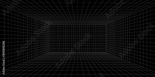 Abstract 3d perspective indoor wireframe vector design. Vector illustration. wireframe grid. perspective grid room on black background