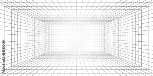 Room projection grid in futuristic 3d style. Outline futuristic grid background, room projection. Wireframe grid template in perspective view