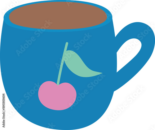 Сup of tea with cherry. Hand-drawn blue cup. Isolated vector illustration on a transparent background.