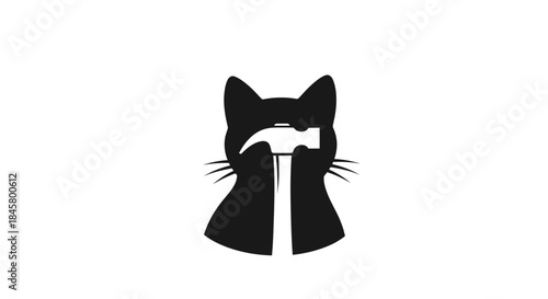 Black Cat Silhouette Holding a Hammer Symbolizing DIY and Construction.