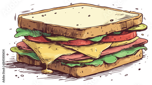 Delicious Vector Drawing of Sandwich with Another Sandwich on Top - Professional Food Illustration