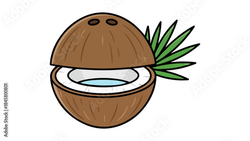 cut coconut in the middle with green leaf on the right side vector illustration on white background
