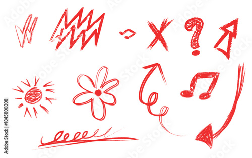 A collection of red hand drawn symbols and doodles on white