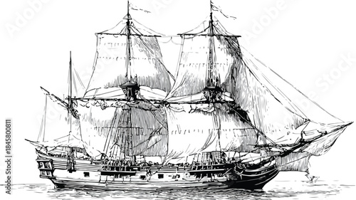 Illustration of Ship with Sails Raised - Vector Outline Design
