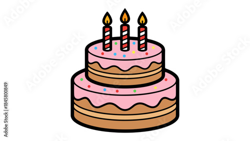 birthday cake with three red and white candles and with ping topping simple vector illustration on white background