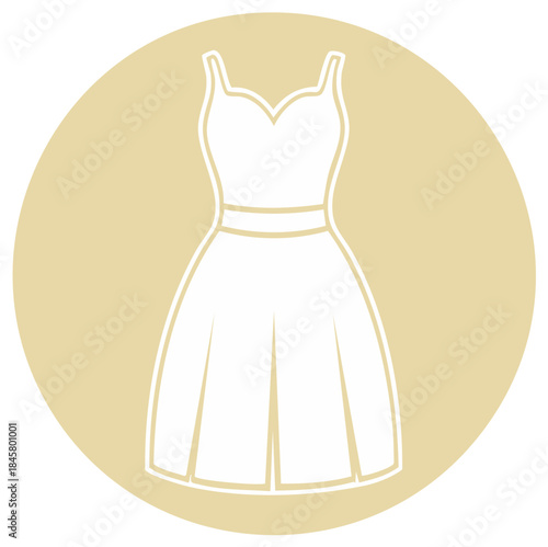 Elegant white outline icon of a women's dress with a sweetheart neckline and pleated A-line skirt design
