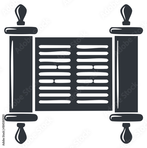 Ancient Torah scroll with dark text and decorative finials