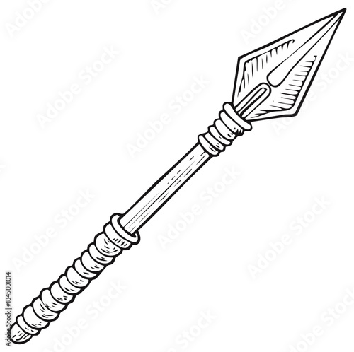 Ancient spear weapon with sharp arrowhead in black and white line art illustration