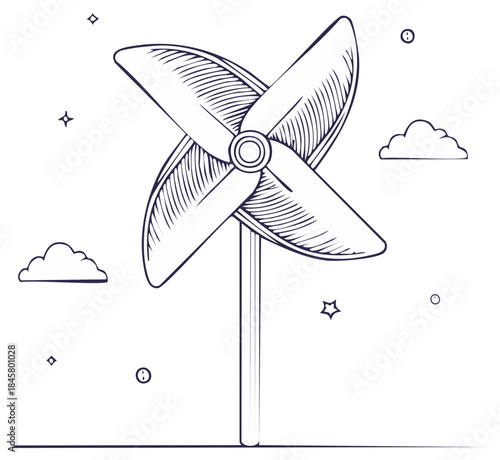 Vintage hand-drawn pinwheel illustration with detailed blades, playful clouds, and scattered stars in a whimsical sky