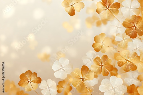 Golden four leaf clovers falling on a soft background