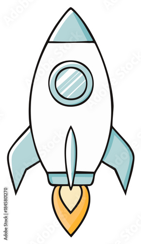 Hand drawn illustration of a cartoon rocket ship launching into outer space with flames