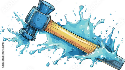 Blue Handle Hammer with Water Splash - Creative Vector Image