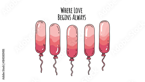 Four pink balloons in a row with curly tails and text that reads where love begins always