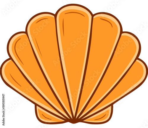 Stylized orange fan shaped scallop shell cartoon illustration