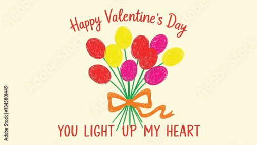 Colorful valentine's day card with bouquet of balloons and heartwarming message on cream background